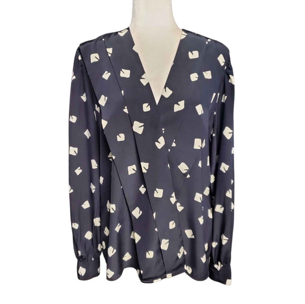 Jones New York Wrap Blouse Womens Size 14 Black Beige Patterned Long Sleeve Top